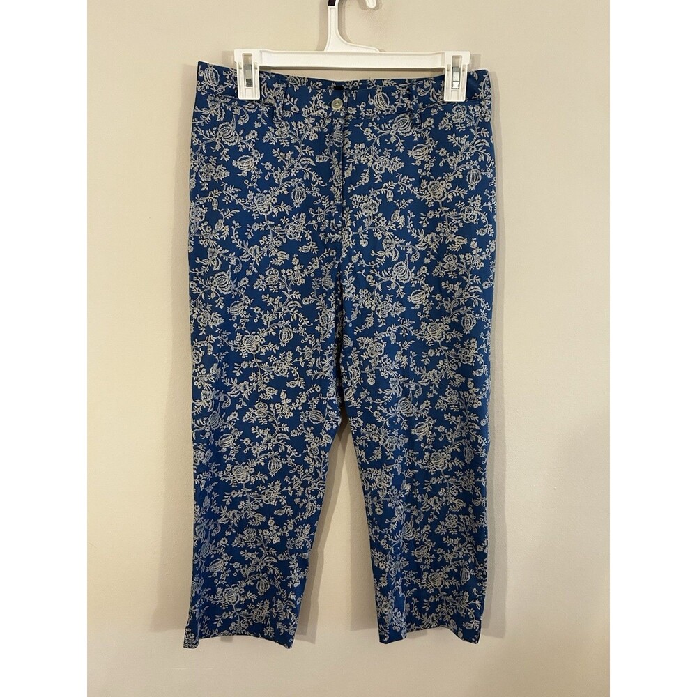Ralph Lauren Floral Print Blue Pants Women Size 8 Cropped Casual Preppy Cotton